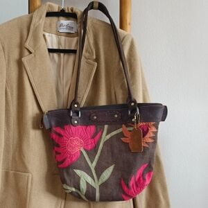 Handmade Brown Tote Bag With Floral Applique And Leather Handles